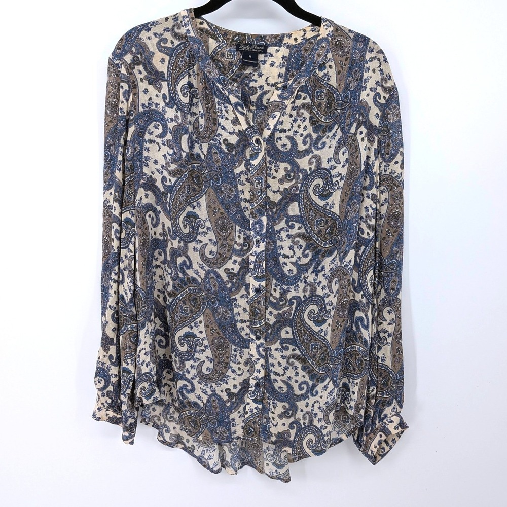 Lucky Brand Button Up Womens Medium Blue Paisley Long Sleeve Boho Blouse Western